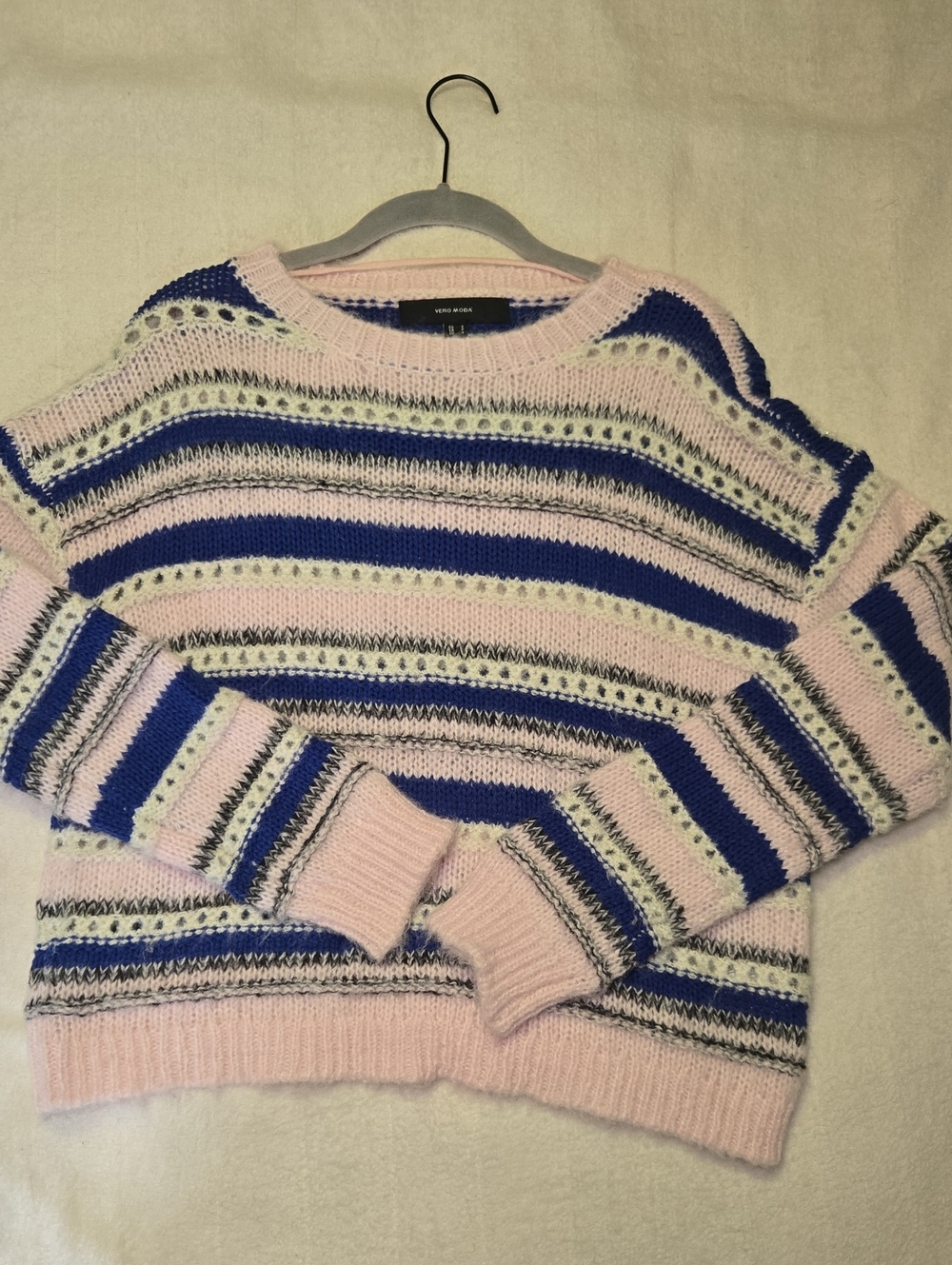 Vero Moda Pink Crewneck Sweater with Blue and Cream Stripes